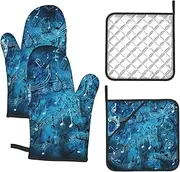 4 pcs Oven Mitts and Pot Holders Set 500°F Heat Resistant Oven Gloves and Hot Pads Kitchen Mittens Blue Musical Notes Cooking Gloves Potholders for Baking Grilling