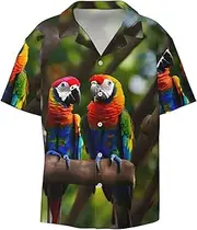 [YANYU] Colorful Parrots On Tree Print Hawaiian Shirts Men Short Sleeve Button Down Cuban Collar Shirt Summer Beach Days