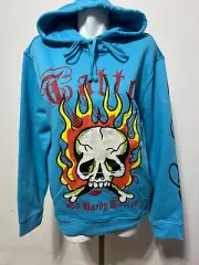 New Ed Hardy Men's Medium Blue Hoodie Burning Skull w Flames New NWT