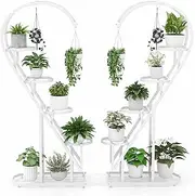 [Costway] 5 Tier Metal Plant Stand, Heart-shaped Ladder Plant Shelf w/Hanging Hook for Multiple Plants, Indoor Tiered Flower Display Shelf for Living Room Bedroom Balcony (2 Pack) (White)