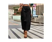 Women's Drawstring Waist Cargo Skirt Back Slit Midi Skirt with Pockets-black