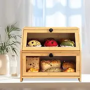 [RayLove] Bamboo Bread Bin, 2-Layer Bread Box Large Capacity Bread Storage for Kitchenwith Acrylic Window (16.3"x9.8"x13.7", primary colour, self-assembly)