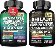 Sea Moss Capsules 19445mg + Shilajit 15250mg – Ashwagandha, Black Seed Oil, Rhodiola, Ginseng – Energy, Immunity & Stress Support – Extra Strength Herbal Supplement – 2 Pack (60 Capsules)