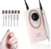 Bouzaak Electric Nail Drill 45000 RPM, Rechargeable 6 in 1 Manicure Pedicure Polishing Kit for Acrylic Nails, Filing, Buffing Lightweight for Home Salon Use (Pink)