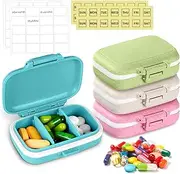 Travel Pill Organizer, 3 Compartments Portable Pill Case with Weekly Stickers, 4Pcs Moisture Proof Pill Box for Daily Pills, Supplements, Vitamins and Medication (Blue, Pink, Beige, Green)