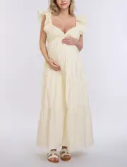 MOTHERHOOD MATERNITY Ruffle Sleeve Tie-Back Maxi Maternity Dress in Winter White at Nordstrom, Size Small