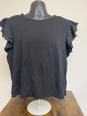 Vince Camuto Women's Black Cotton Flutter Sleeve Jewel Neck T-Shirt Size XL NWT