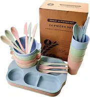CALARM Wheat Straw Dinnerware Sets (24PCS) Lightweight & Unbreakable Dinnerware Set Camping Plates Cups and Bowls Set with Forks Spoons,Service for 4