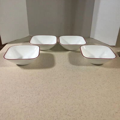 CORELLE VITRELLE SPLENDOR / KYOTO 22 OZ. SQUARE W/ RED EDGE BOWLS SET OF 4 NEW