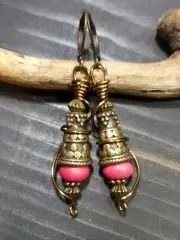 UNIQUE PINK HOWLITE/ANTIQUE BRASS BEADS AND ACCENTS/BRONZE WIRE WRAP EARRINGS