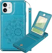 Cavor for iPhone 12 Mini Wallet Case Flip Magnetic Clasp PU Leather Shockproof TPU Back Cover Flower Cases Lanyard Card Slots Holder Kickstand Protective Case-Vertical Mandala Blue