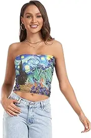 [RPLIFE] Starry Night Style Blue Women Tube Top Strapless Tube Top, Sheer Tube Tops, Trendy Crop Tops (S)