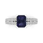 2.7 ct Emerald split shank Blue Sapphire Promise Engagement Ring 14k White Gold