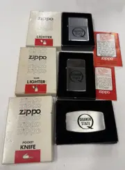 ZIPPO 1980 QUAKER STATE GAS OIL KNIFE & 2 LIGHTER SET UNFIRED N BOX X408