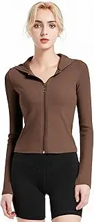 Abonlen Ribbed Hoodies for Women Lightweight Full Zip Up Jackets Long Sleeves Tops Fitted Cropped Sweatshirt