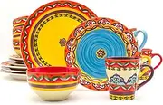 [Euro Ceramica] EC-GAL-1001 Galicia Collection Andalusian-Inspired 16 Piece Dinnerware Set, Vibrant Assorted Patterns, Multicolor