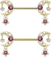 [Pierced Owl] 14GA Gold Plated 316L Stainless Steel Purple CZ Crystal Crescent Moon with Dangling Gems Nipple Barbells, Sold as a Pair, 14ga, Metal, cubic zirconia