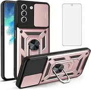[Asuwish] Phone Case for Samsung Galaxy S21 FE Gaxaly S 21 FE 5G with Slide Camera Cover and Tempered Glass Screen Protector Hard Stand Ring Holder Hybrid Cell Glaxay S21FE5G UW S21FE 21S G5 Rosegold