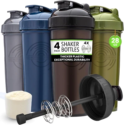 [4-Pack] 28-Ounce Shaker Bottle | Bulk Protein Shaker Bottle with Action-Rod Wir
