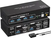 ATLAHET 8K HDMI+Displayport Dual Monitor KVM Switch 2 Monitors 2 Computers USB 3.0 KVM Switcher Support 8k 60hz 4k 120hz for Two Computers Share 4 USB Devices with External Wired Controller