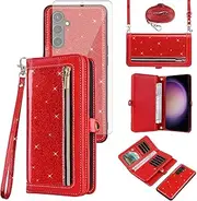 [Asuwish] Phone Case for Samsung Galaxy S23 FE 5G Zipper Wallet Detachable Cell Cover with Tempered Glass Screen Protector Crossbody Strap Bling Glitter Flip Card Holder S 23 EF S23FE 23S Women Men Red