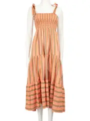 Orange Stripe Pattern Midi Tiered Dress