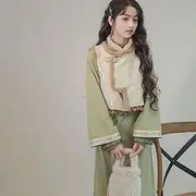[JIMINISO] Chinese Traditional Green Stand Collar Thickened Warm Cheongsam Dress Suit with Raw Edge Vest Modern Qipao