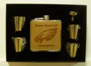 PHILADELPHIA EAGLES SB LII 6 OZ LEATHER STAINLESS FLASK 4 SHOT GLASSES BLACK BOX