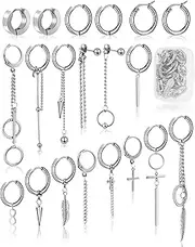 [ONESING] 20-24 Pcs Dangle Earrings for Men Black Earrings for Men Black Stud Earrings Hoop Dangle Earrings Stainless Steel Long Chain Pendant Earrings Hinged Jewelry Set