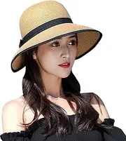 [Asufegucd] Womens Sun Straw Hat Wide Brim UPF 50 Summer Hat Foldable Roll up Floppy Beach Sun Hats for Women