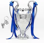 LNGODEHO European Champion Football Trophy, Resin St. Bernard League Replica Award Cup, Silver with Blue Ribbons for Sport Fan League Team