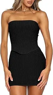[Wenrine] Women's 2 Piece Outfits Bodycon Strapless Crop Top And Mini Skirt Ribbed Knit Stretchy Party Sets