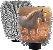 XYMZR Absorbent Microfiber Car Wash Mitt Horse Flowers Sunrise, Funny Cute Anime Scratch Free for Cars Cleaning, Home Cleaning Mitts, 2 Pack, 10.24” L x 7.09” W