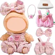 5Pcs Clothes & Accessories for 17cm Labubu Dolls, Includes Pink Overalls Bow Hair Clip Camera Bag Hat for Girls Kids Birthday （No Doll）