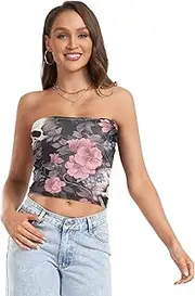 [RPLIFE] Skulls Colorful Flowers Crop Tube Tops for Women, Trendy Crop Tops, Mesh Tube Tops, Summer Crop Tops (S)
