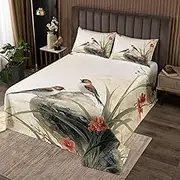 Chinese Style Duvet L Size, Birds Red Flowers Green Leaves Quilt Set with 2 Pillowcases, Chinese Traditional Ink Painting Microfibre Coverlet Set for Children Adults, Breathable