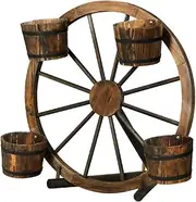 Gardeon Garden Ornaments, Fir Wood Gardening Ornament Decorations Vintage Decor Wooden Wagon Wheel Planter Flower Home Indoor Outdoor Yard Setting Decoration, with 4 Buckets Durable