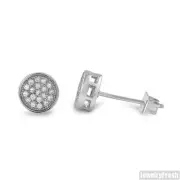 Rhodium Small Round CZ Pave Stud Silver Earrings