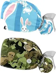 [YTYVAGT] 2-Pc,Nurse Scrub Caps,Scrub Hats with Buttons and Cotton Sweatband,Bunnies on Blue Stripe