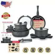 Non-Stick 15-Piece Black Granite Cookware with Glass Lids – Healthy Cooking
