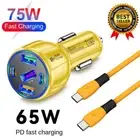 75W Multi-Port Fast USB-C QC3.0 PD Car Charger & 4FT Type-C Cable For Cell Phone