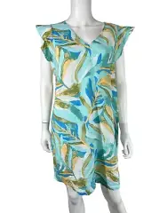 Rachel Zoe Shift Dress Tropical Banana Leaf 100% Linen Cap Sleeve L Large NWT
