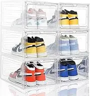 6 Packs Large Shoe Organizer Box with Magnetic Door, Sturdy Stackable Clear Bins, Toy Storage - Ideal for Entryway Rack, Closet and Bedroom Organization 34L*27W*19H (cm)(6 Packs - White)