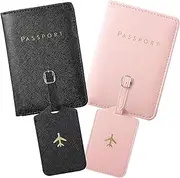 [Oviovky] 4Pcs Passport Covers Luggage Tags, 2 Pieces PU Passport Holders and 2 Pieces Luggage Tags, Travel ID Suitcase Tag, Passport Protective Organizer for Women Men Traveling (Black, Pink)