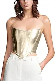 [azrian] Faux Leather Corset Tops Strapless Body Shaper Party Crop Top Metallic Shiny Tops Waspie Busiter Top Y2K Sexy Tube Top, Gold, Small, gold, S