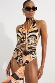 Scarf Print Plunge Swimsuit With Detachable Scarf