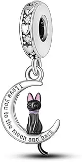 [Generic] M&S Love You To The Moon And Back Charm Black Cat Moon Love Heart Charm Bead Pendant, 925 Sterling Silver Dangle Charm, Compatible With Pandora & European Bracelet �, Metal