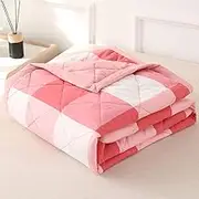 YongXinMY Plaid Quilted Bedspreads - Summer Soft Washed Cotton Lightweight Comforter, Reversible Checked Polyester Filling Cooling Blanket for Single Double Bed Air Conditioning Use (Pink,100x150cm)