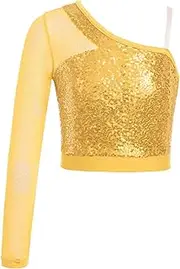 [inhzoy] Kids Girls Shiny Sequins Latin Dance Crop Tops Long Sleeve One Shoulder Shirt Jazz Ballet Dancewear