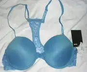 NEW 34C Front Closure Push Up Underwire Bra Shaping Royal Blue Lace Racer Back
